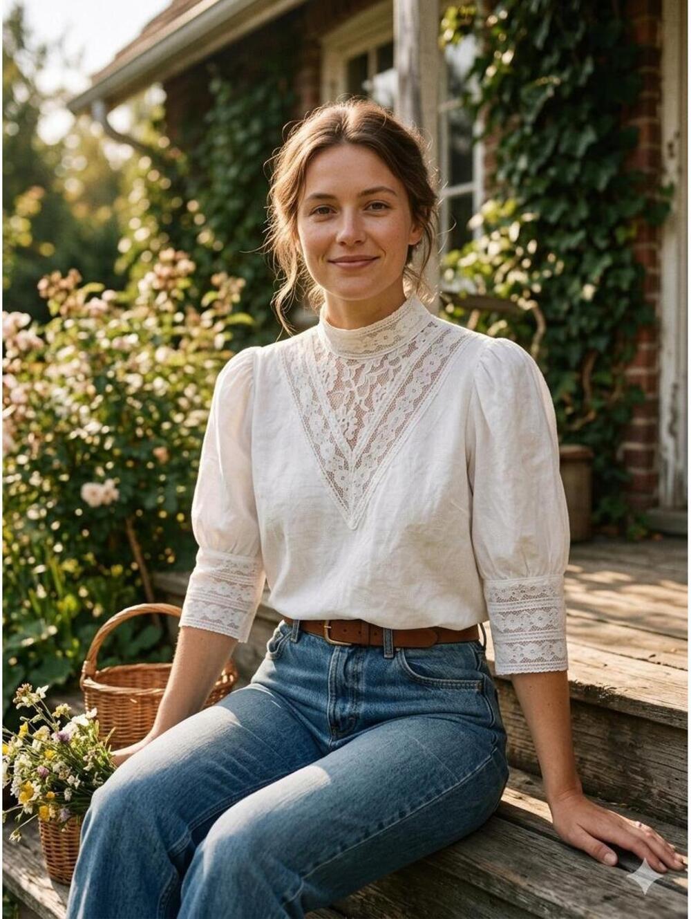 Vintage Victorian White Lace Blouse | High Neck Puff Sleeve Romantic 3/4 sleeve